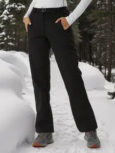 Women's Solid Belted Zipper Pocket Skiing Pants, Sporty Waterproof Windproof Pants for Hiking Hunting, Women's Sport & Outdoor Bottoms for Fall & Winter, Athletic Bottoms