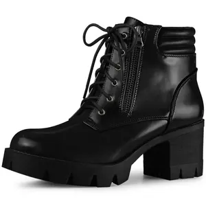 BLISSFUL STEP Platform Ankle Boots Lace Up Chunky Heel Combat Boots