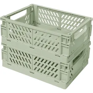 2Pcs Foldable Small Pastel Plastic Storage Bins - Colorful Foldable Storage Containers Crates Baskets for Classroom Kitchen Office Bedroom Desktop Home Decor, Green 9.8" x 6.5" x 3.8"