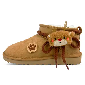 UGG Women's Short Snow Boots in Chestnut with Sheepskin Warmth and Festive Deer Design Trending Shoes, House White Official Shoes to Get / Maison Mihara