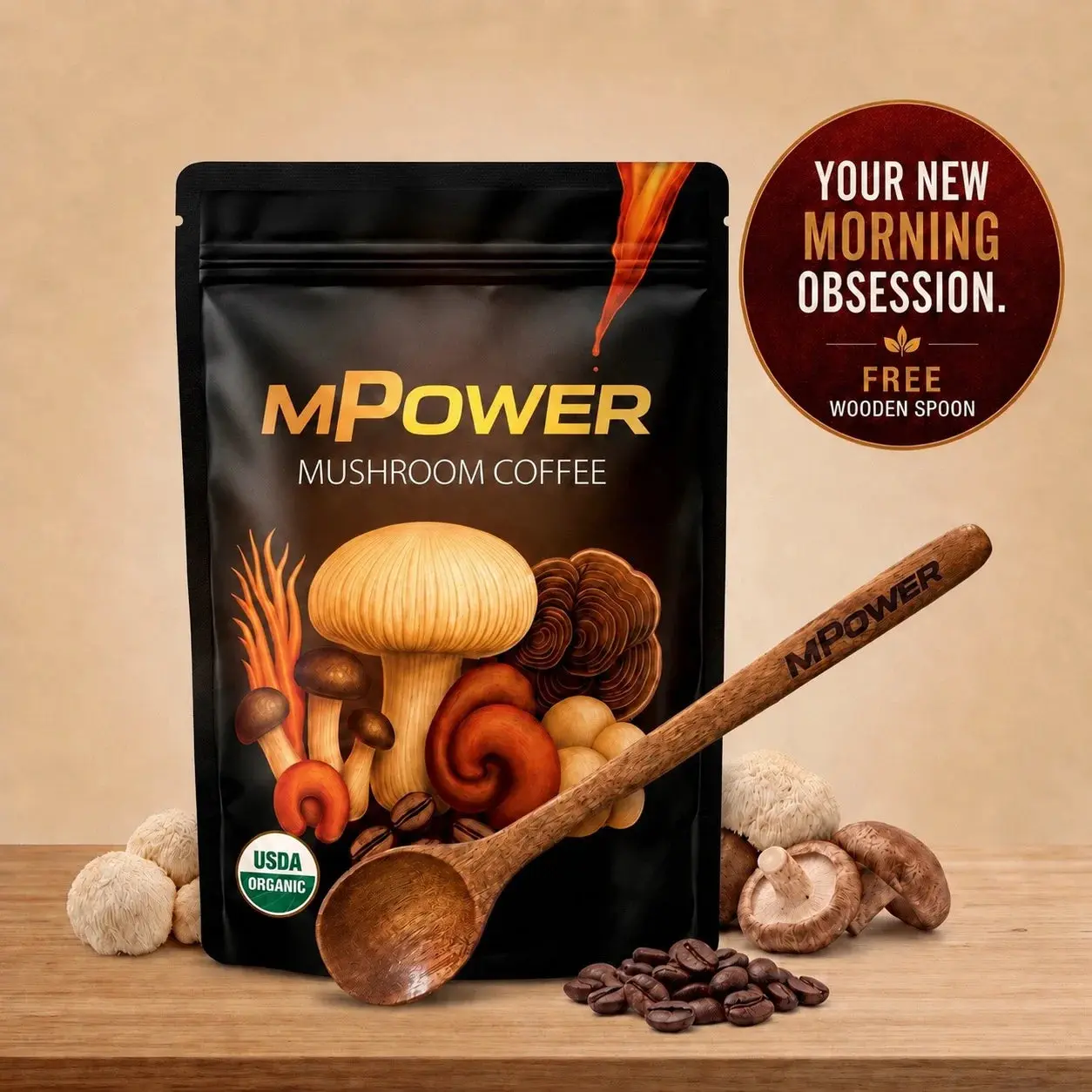 FuelMPOWER USDA Organic Mushroom Coffee with Functional Mushrooms, MCT Oil & Coconut Milk – Smooth Energy, Focus & Mental Clarity – No Jitters – Includes Wooden Spoon (1 Bag)
