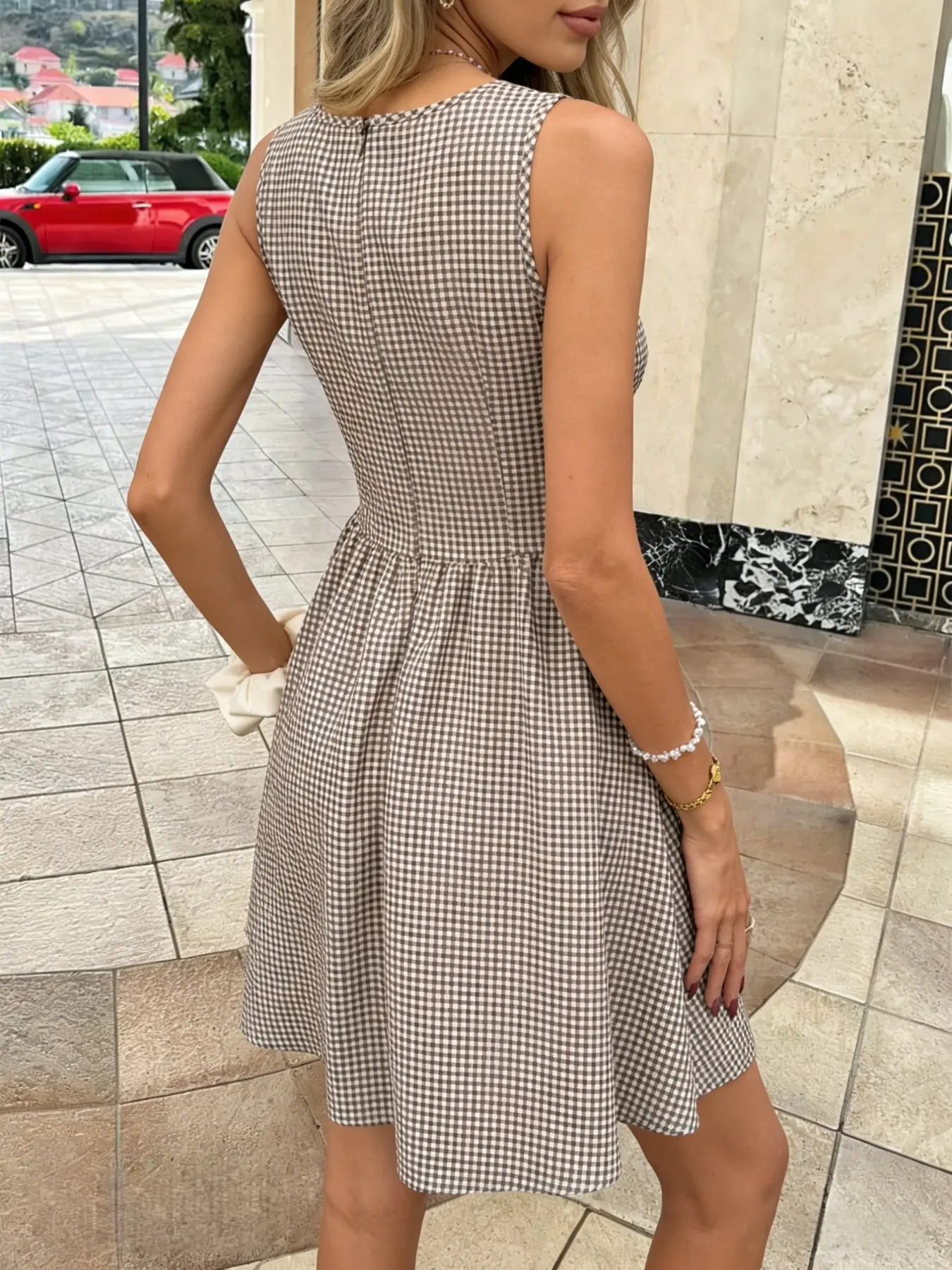 Spring Summer Elegant Gingham Women's Dress, Square Neck Sleeveless Tie Front Waist Cinched Commuter Date A-Line Short Skirt - TikTok Shop Spring Summer Elegant Gingham Women's Dress, Square Neck Sleeveless Tie Front Waist Cinched Commuter Date A-Line Short Skirt - TikTok Shop