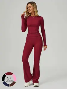 Women's Quick-Drying Pilates Yoga Set, Long Sleeve Round Neck Slimming Abdominal Control Top and High Waist Butt Lifting Leggings, Running Fitness Workout, Casual Comfortable Sportswear for Women, Gym Yoga Outfit