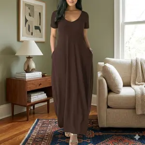 Women's Casual V Neck Maxi Dress Short Sleeve Loose Flowy Long Dress with Pockets Summer Beach Plus Size