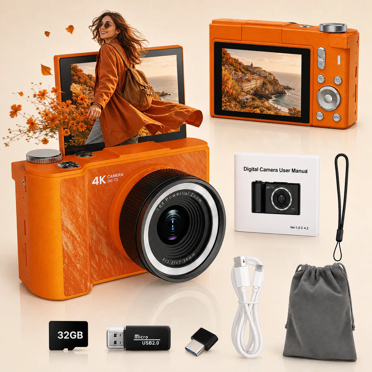 W&O 4K Digital Camera for Photography, 48MP Vlogging Camera with Fill Light, 180° Flip Screen, 16X Digital Zoom, 32GB Card, Compact Point and Shoot Camera for Students, Women and Beginners, Ideal Gift