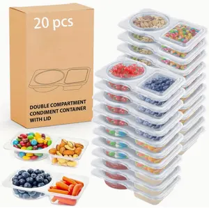 Reusable Snack Containers with Lids 20pcs Double Compartment Portion Control Leakproof Transparent Plastic for On-the-Go Meals Camping Lunch Boxes Locking Lid Set