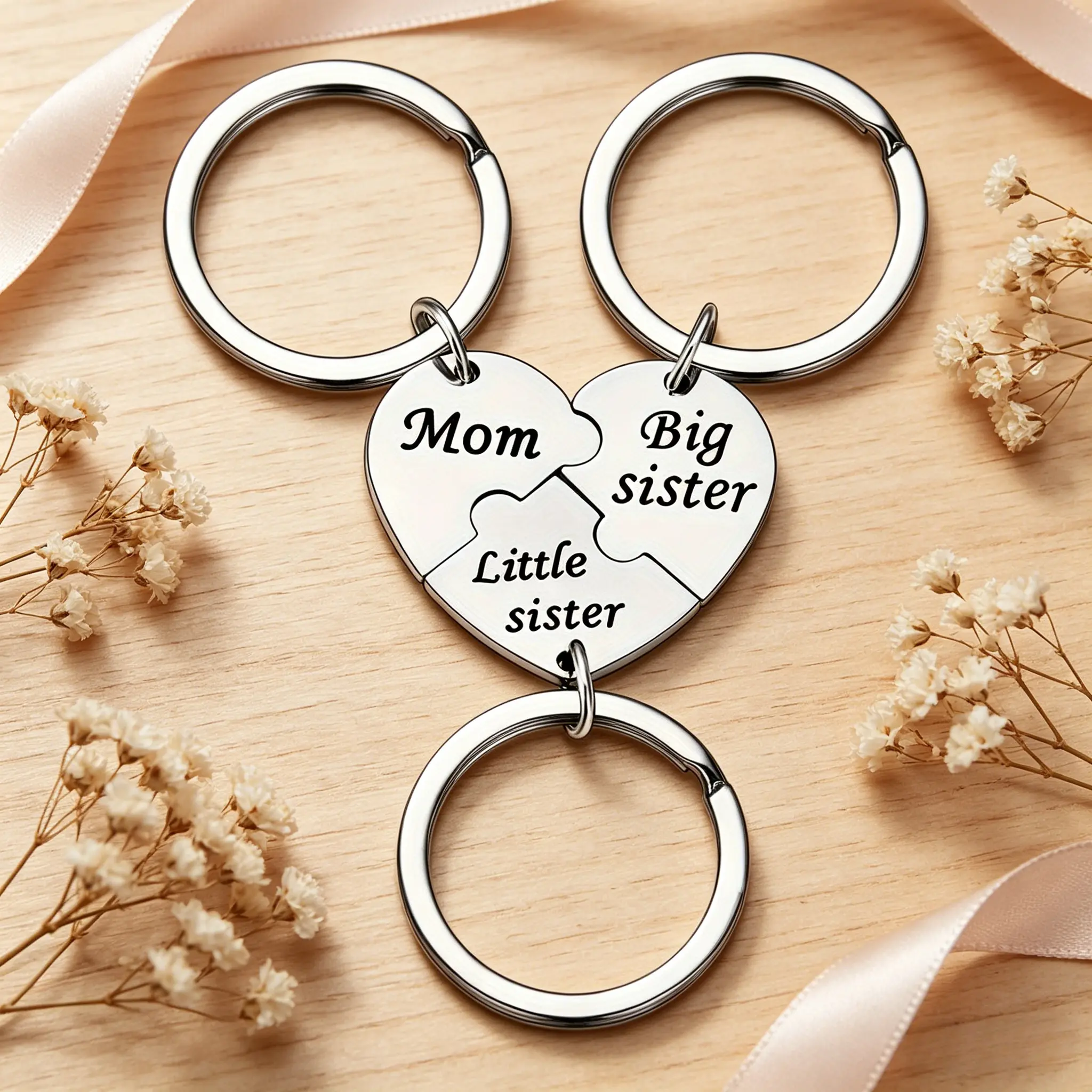 3-Piece Mother-Daughter Floral Cherry Blossom Keychain Set, Steel Heart Engraved Fade-Resistant Gift for Mom & Big-Little Sisters (Mother's Day, Birthday)