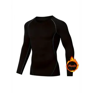 Men's Autumn And Winter Warm Underwear Tops, Fleece Thick Tight-fitting Bottoming High Elastic Sports Long Sleeve Athletic Base Layer Top Workout Running