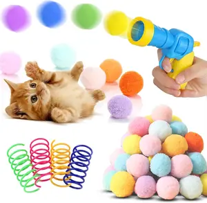 BaiKevin Low Noise Interactive Cat Ball Launcher Gun with 20 Colorful Silent Plush Pom Pom Balls 1.2 Inches & 4 Cat Spring Toys for Stress Relief and Fun Play