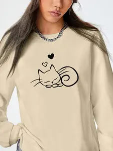 Fashion Casual Cat Print Long Sleeve Round Neck Women's Pullover Sweatshirt, 9 Colors Available, Fall & Winter Style, Fitted Fit