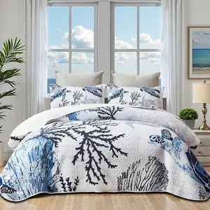 Coastal Bedding  Size Coastal Quilt with 2 Shams, Nautical Beach Comforter Sets  Bedspreads Blue Seaturtle Coverlet Summer Bedding, 96''x106''