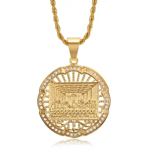 18K Gold Plated Lord's Supper Pendant Stainless Steel Necklace for Men Women, The Last Supper Jesus with His Disciples 24 Inch Rope Chain Christian Prayer Jewelry Gift