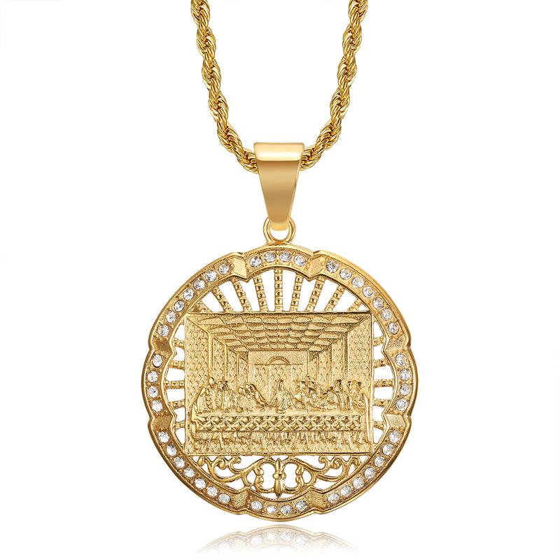 18K Gold Plated Lord's Supper Medallion Pendant Stainless Steel Necklace for Men Women, Iced out The Last Supper Jesus with His Disciples 24 Inch Rope Chain Christian Prayer Jewelry Gift