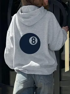 Women's 8 Ball Print Drawstring Pocket Hoodie, Casual Long Sleeve Hooded Sweatshirt for Fall & Winter, Women's Clothes for Daily Wear