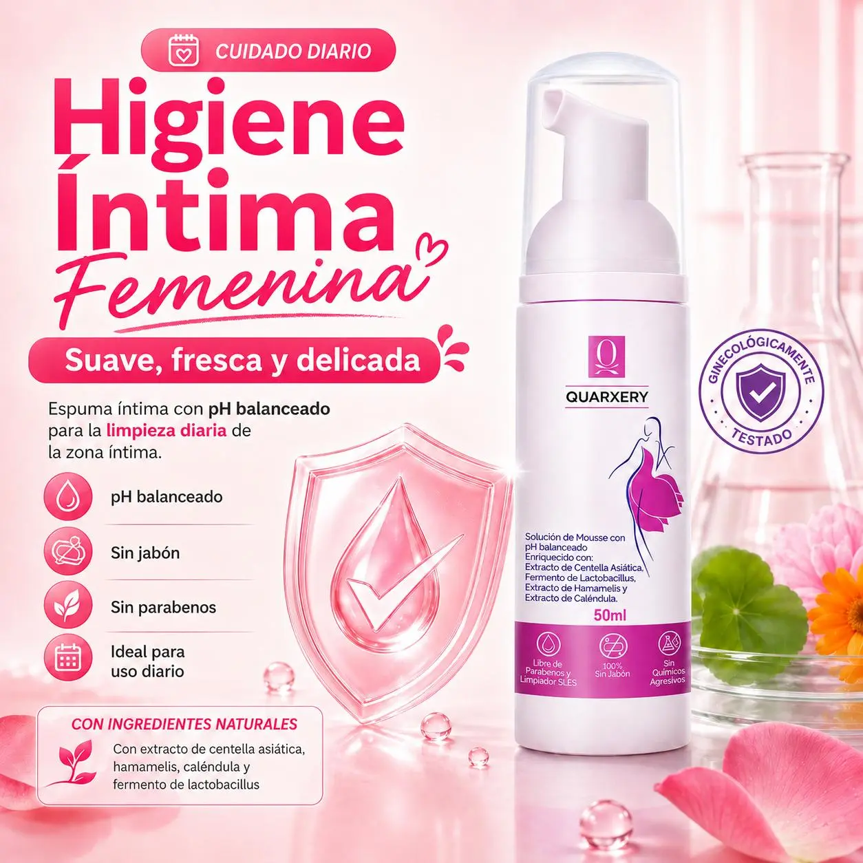 QUARXERY Antibacterial Feminine Cleansing Foam, Gentle Intimate Wash for Women, Daily Personal Care, 50 ml, 50 Ml Bottle