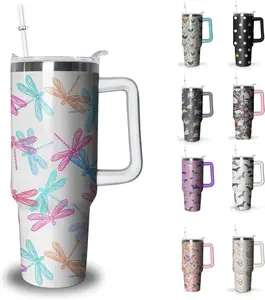 Women's 40 oz Pink Dragonfly Printed Stainless Steel Tumbler - Insulated, Portable, with Handle, Lid, Straw, Cover - Kitchenware Drinkware Travel Mug, Unique Birthday/Christmas Gift