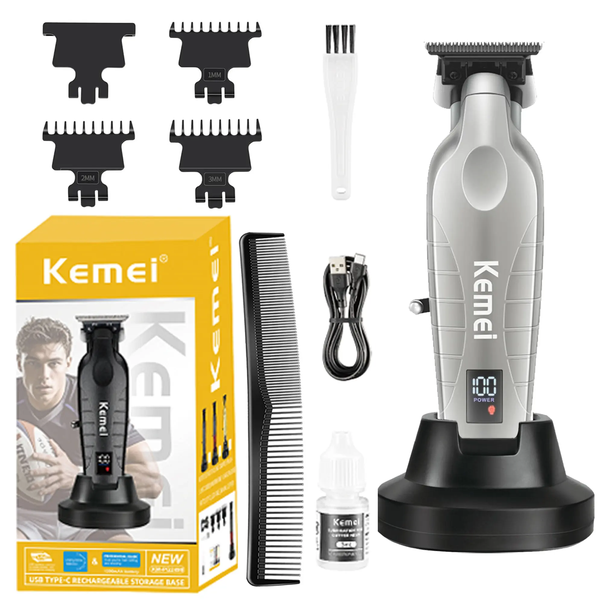 KEMEI Hair/Beard Trimmer for Men, Cordless Professional Hair Clippers for Hair Cutting with LED Display, T-Blade Barber Clippers with Charging Base, KM-PG2499 Silvery