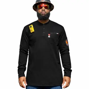 Proactive FR Henley Shirt -BLACK Flame Resistant 100% Cotton Lightweight Durable NFPA 2112 HRC 2 CAT 2 ASTM F1506 ATPV 8.9 OSHA Final Rule Standards