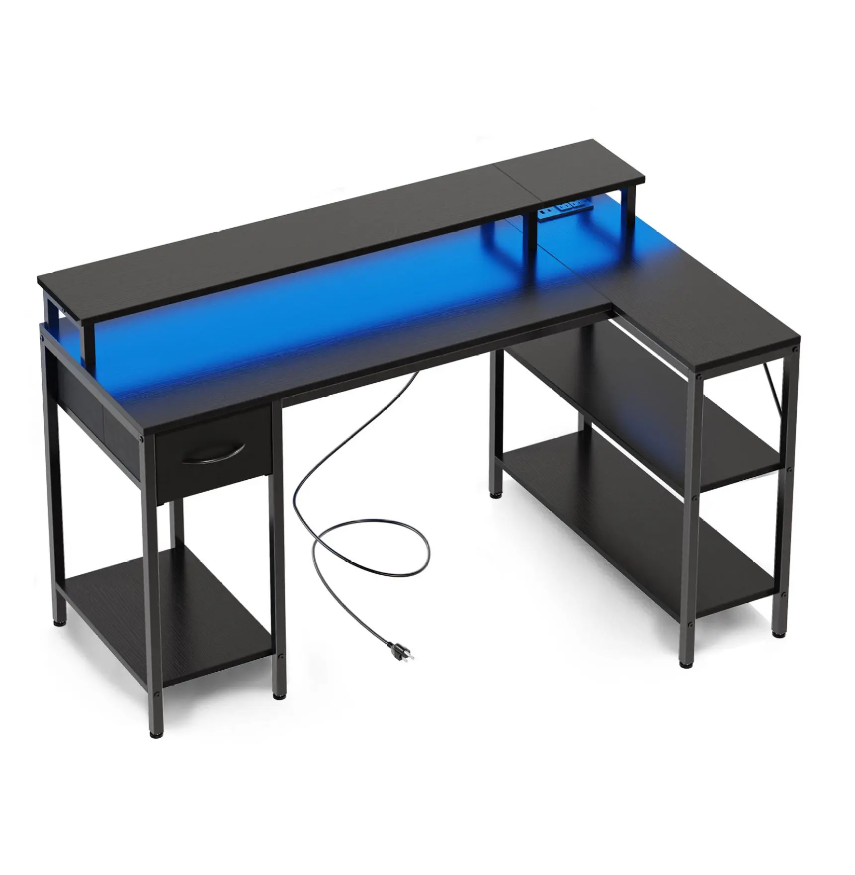 53-inch Gaming Desk with LED Lights & USB Ports, L-Shaped Computer Table with Monitor Stand & Storage Shelves, Reversible Gaming Station for Home Office