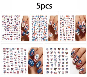5pcs-Women's Independence Day Nail Art Stickers Self Adhesive Patriotic Decals Fourth of July DIY Manicure Accessory Festive Holiday Party Styling Everyday Casual Beauty Decor