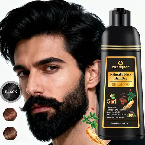 Ginseng-Infused Ammonia-Free Black Hair & Beard Dye Shampoo for Adults - 10-Min 100% Gray Coverage Haircare, 5-in-1 Semi-Permanent Color (6-8 Weeks), 500ml, Cleanses, Conditions, Controls Frizz, Scalp-Friendly, for Curly/Normal Hair, 24-Month Shelf Life