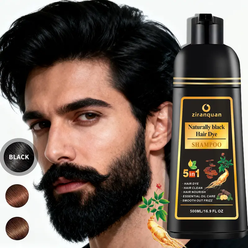 Ginseng-Infused Ammonia-Free Black Hair & Beard Dye Shampoo for Adults - 10-Min 100% Gray Coverage Haircare, 5-in-1 Semi-Permanent Color (6-8 Weeks), 500ml, Cleanses, Conditions, Controls Frizz, Scalp-Friendly, for Curly/Normal Hair, 24-Month Shelf Life