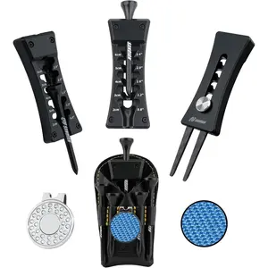 All-in-1 Value Pak, Adjustable Golf Tee Height Setter with Divot Tool, Genuine Carbon Fiber Made Pitchfork, Super Lightweight, T800 Ball Marker, Hat Clip, Tees, Leather Holster, Zipper Case
