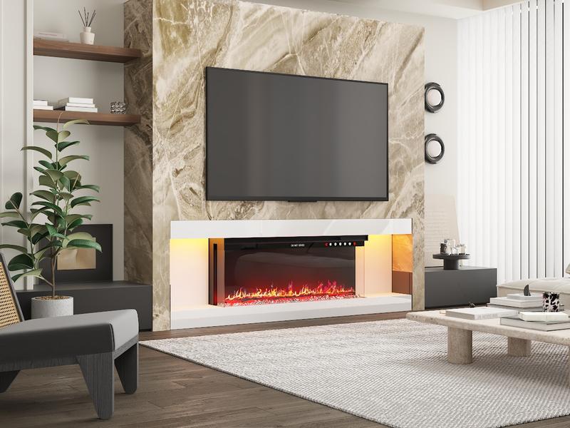 FUFU&GAGA Electric Fireplace TV Stand for TVs up to 70 Inch with LED Light 1500W Adjustable Flame 2-Level Heat Media Entertainment Center Console Table White Black Living Room Furniture Shelf nightstand tv stand