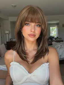 18 Inch Fashionable New Medium Long Straight Brown Layered Wigs with Bangs and Highlights, Synthetic Women's Wigs for Ordinary Work, Life, Dance Parties and All Occasions