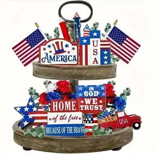 Independence Day Wooden Tiered Tray Decoration, 6 Counts/set Independence Day Themed Desktop Ornament, Home Decor for Living Room Bedroom Dining Room