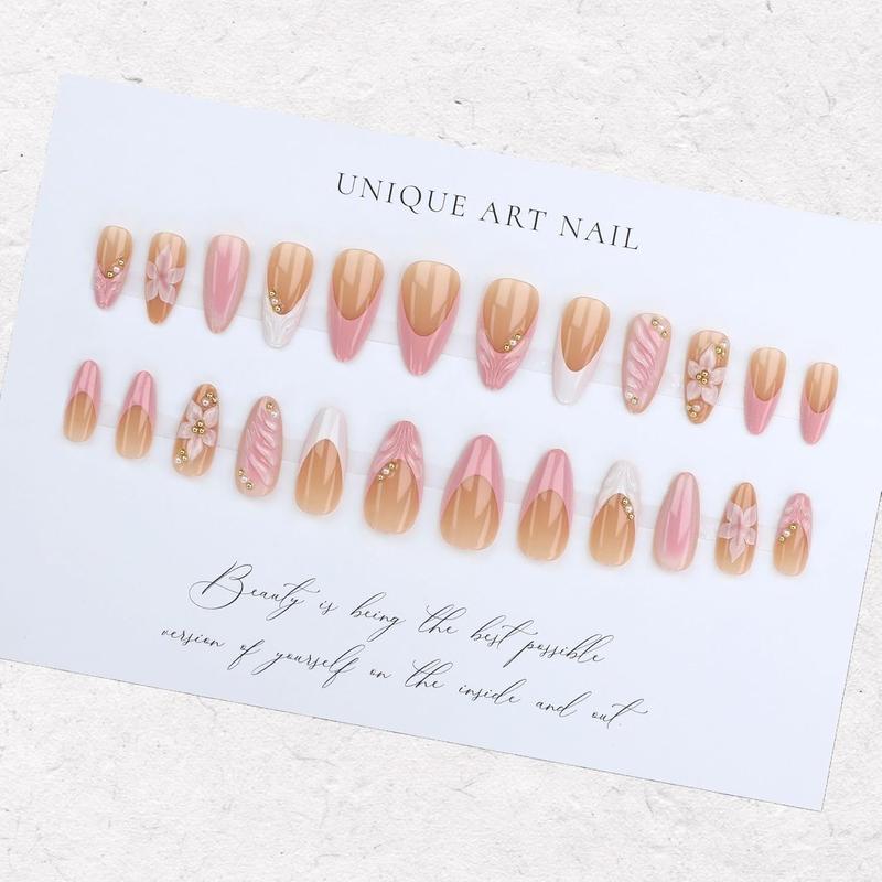 3D Pink Press on Nails Almond - Medium French Tip Fake Nails with Embossed Flower Gold Bead Designs Glossy Finish Reusable False Nails with Glue Tabs 24Pcs Nail Kit Glue on Nails for Women Manicure