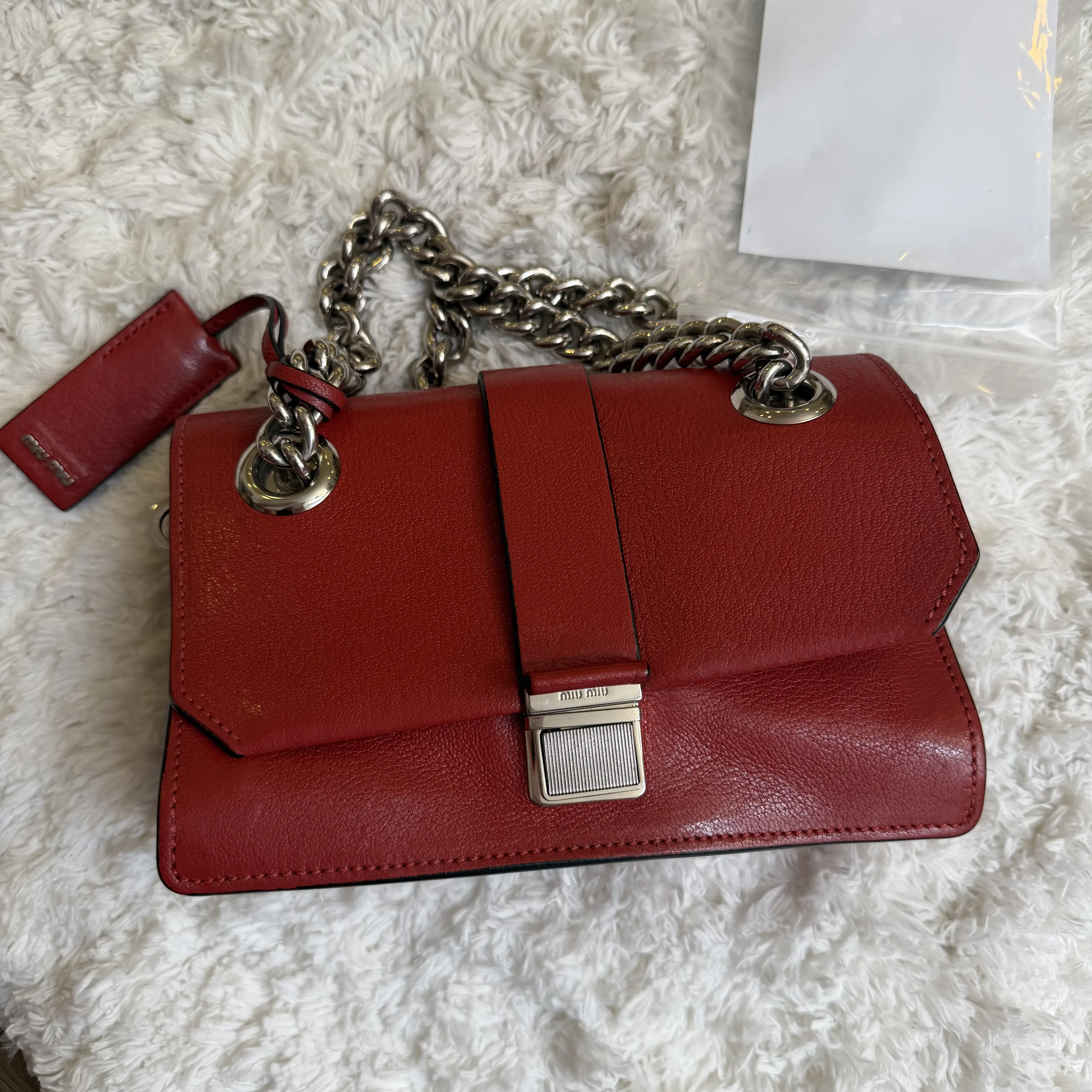 Pre-owned miu miu Canvas Shoulder Bags Madras Leather Chain Shoulder Bag