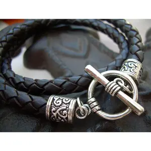 Thick Toggle Closure Brown Braided Double Wrap Leather Bracelet