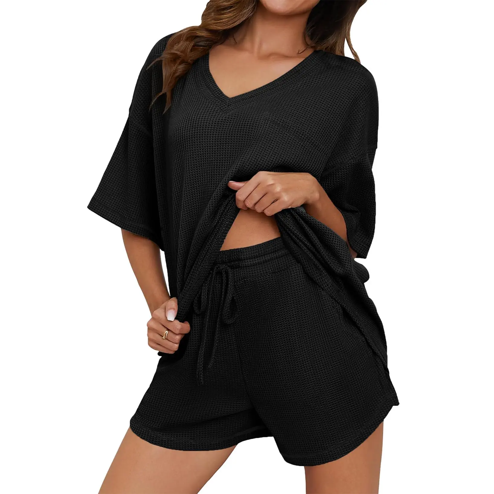 DOKOTOO Women's Two Piece Outfits with V Neck Pullover Top and Drawstring Shorts Pants, Casual Lounge Set with Pockets - Clothing