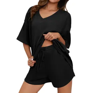 DOKOTOO Women's Two Piece Outfits with V Neck Pullover Top and Drawstring Shorts Pants, Casual Lounge Set with Pockets - Clothing