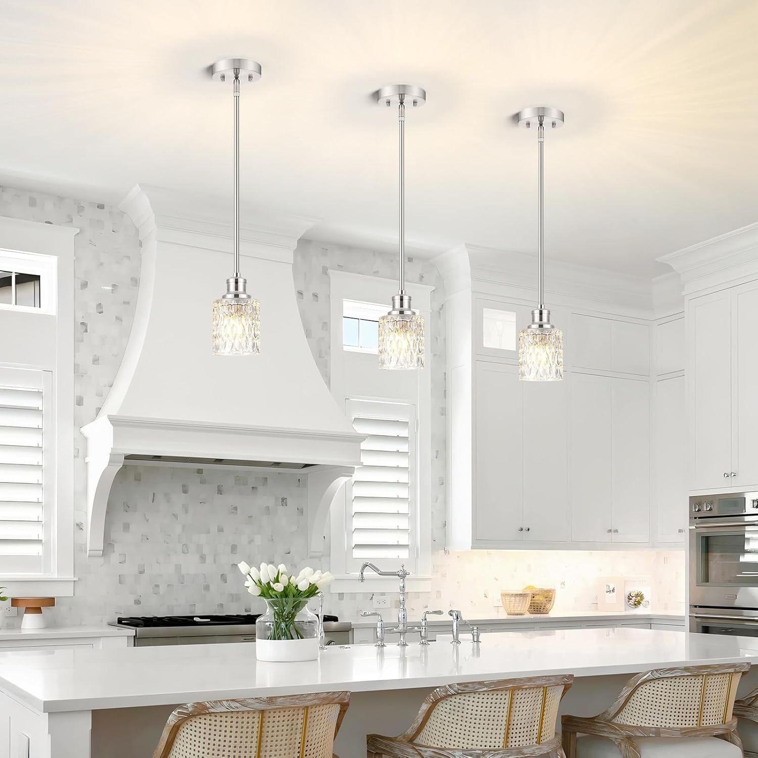 Glass Pendant Lights Kitchen Island, 1-Light Modern Brushed Nickel Mini Pendant with Drum Glass & Rods, Mini Hanging Light for Kitchen Sink Dining Room Bathroom         ？ ？