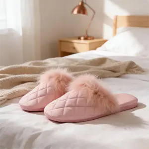 Diamond Quilted Plush Slippers | Elegant Home Shoes for Women | Soft and Warm Indoor Comfort