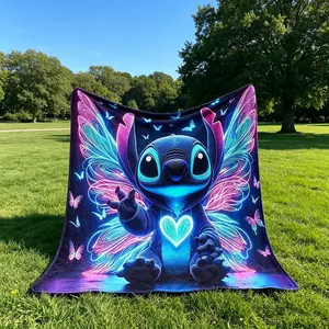 Cyberpunk Stitch Butterfly Print Blanket, Modern Flannel Throw, Holiday Gift, Wall Hanging, Sofa Bed Cover, Outdoor Travel Multifunctional Rug