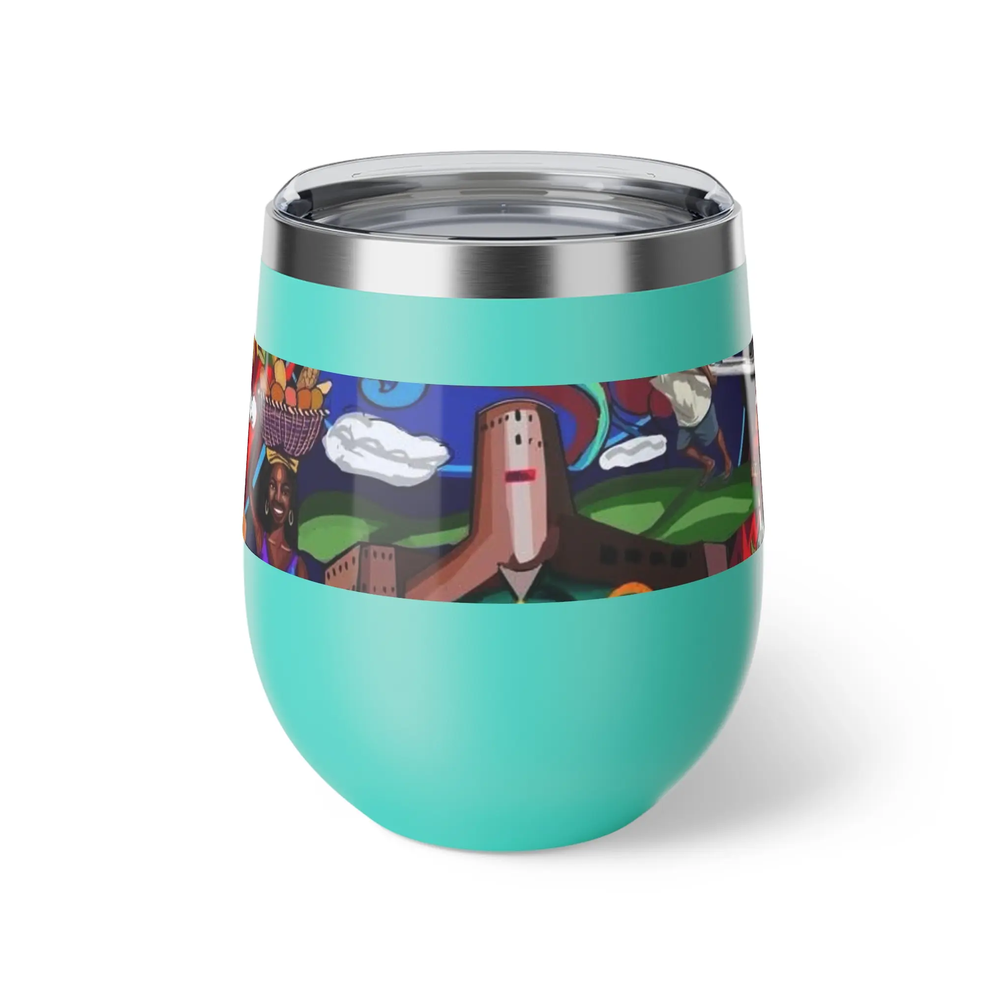 12oz Portable Copper Vacuum-Insulated Water Bottle Tumbler, Haitian Vibes Mural Colorful Island Art Kitchenware Drinkware Bottles, Water Bottles