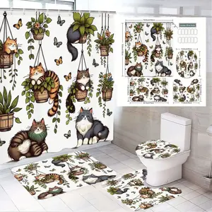 1/4pcs Easter Decor Cat Bathroom Set, Bathroom Decoration Accessories, Shower Curtain - White Shower Curtain with Striped Cats, Toilet Lid Cover, 2 Floor Rugs with Butterflies - Feline & Floral Pattern for Bathroom