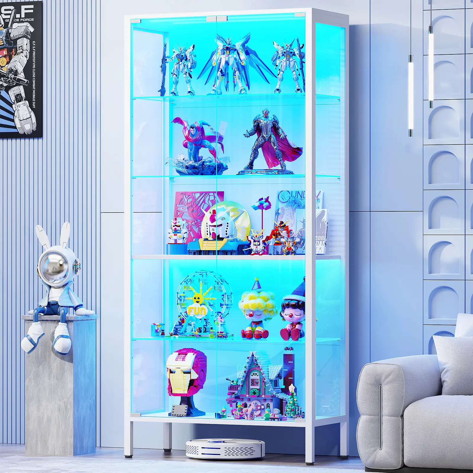 BROTTAR Metal Display Cabinet with Glass Doors, 4/5-Tier Curio Cabinet with 3 Color Lights for Collectibles, Glass Display Case with Human Body Sensor, Storage Cabinets with Adjustable Glass Shelves, Black/White