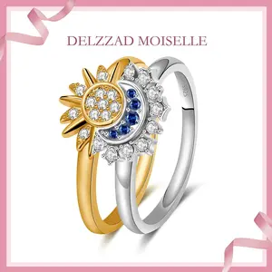 Delzzad Sun & Moon Ring Synthetic Rhinestone Band White/Golden Metal Coating Romantic Gift for Couples Weddings Anniversaries