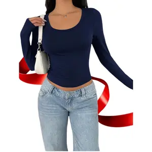 Spring Summer Women's Top / Stylish Solid Color Long Sleeve Round Neck