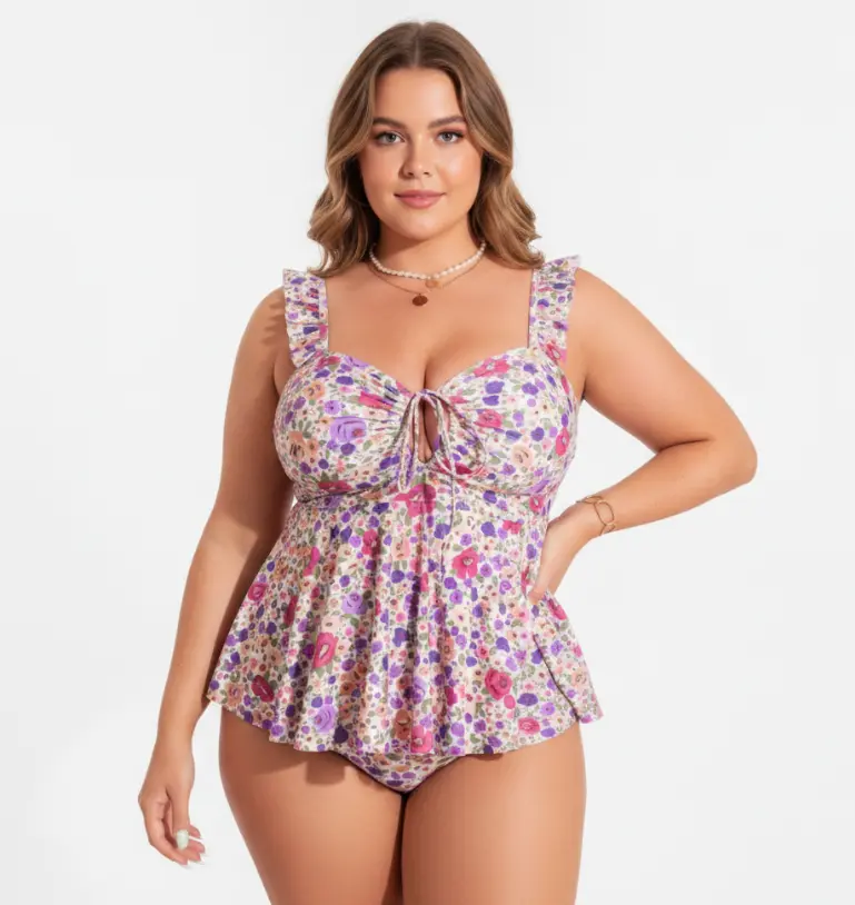 Plus Size Floral Print Tankini Set, 2-Piece Peplum Swimsuit with Ruffle Straps, Women's Bathing Suit for Pool & Beach Wear, Swimming Beach Wear, Tankini Bottoms Set, Swim Set, Tankini Swim
