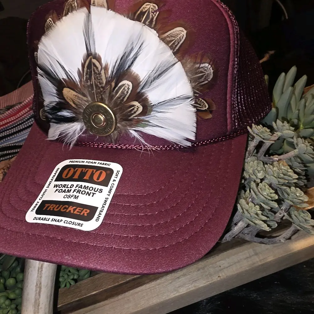 Burgundy Pheasant Feather Trucker Hat