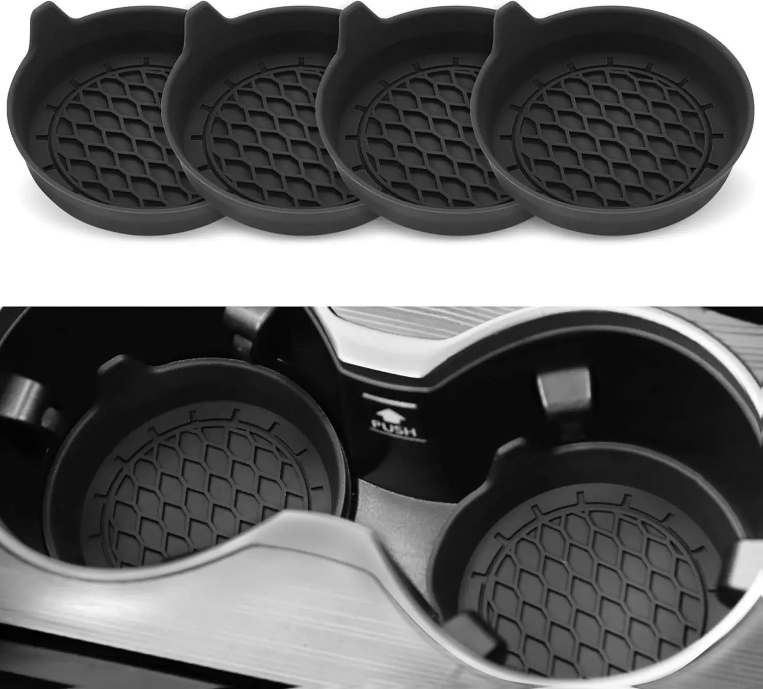 Car Cup Holder Coaster Silicone Insert Non-Slip Coasters for Cars 4 Pack Black Durable Heat Resistant Easy Install & Clean