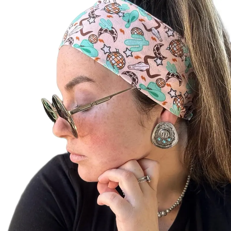 Disco Cowgirl Headband with Colorful Cactus and Skull Design for Stylish Wear