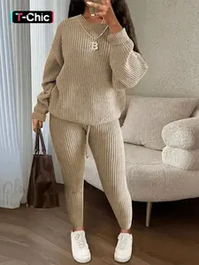 Women's Solid Drop Shoulder Long Sleeve Sweater & Drawstring Waist Pants Two-Piece Set, Casual Fashion Cozy Knitwear Set for Daily Outdoor Wear, Women's Knitwear for Fall & Winter