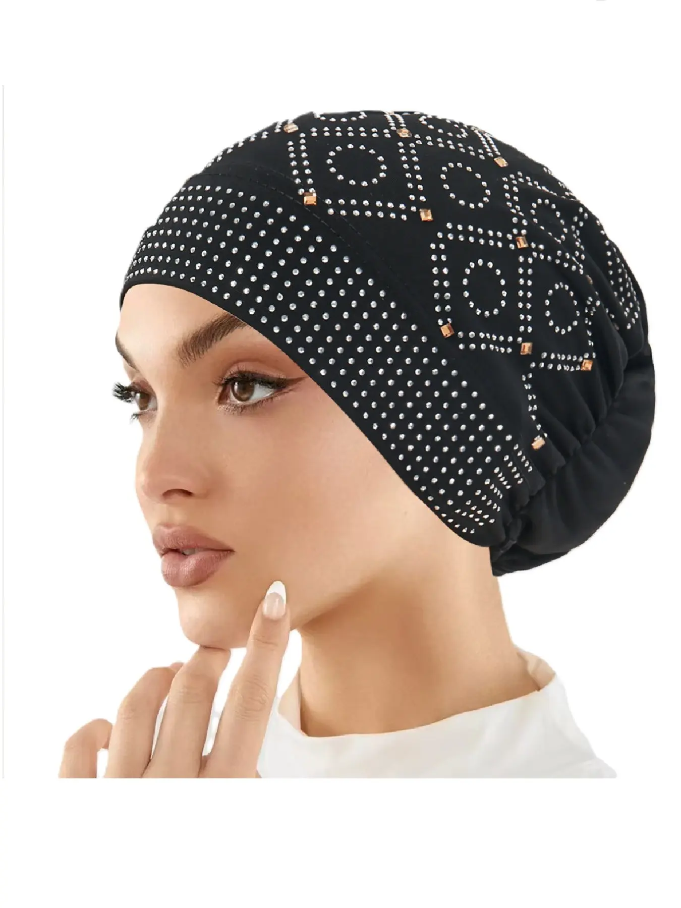 Women's Crystal Embellished Headscarf Hat Turban Hijab for Muslim Modesty, Pure Color Small Base Cap Undercap, Fashionable Rhinestone Design, Casual Daily Wear Accessory Modest
