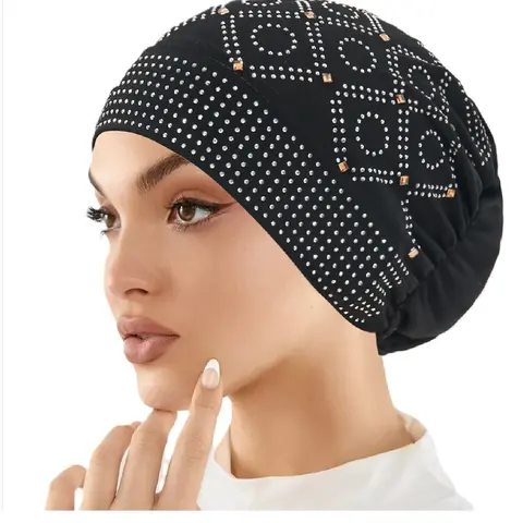 Women's Crystal Embellished Headscarf Hat Turban Hijab for Muslim Modesty, Pure Color Small Base Cap Undercap, Fashionable Rhinestone Design, Casual Daily Wear Accessory Modest